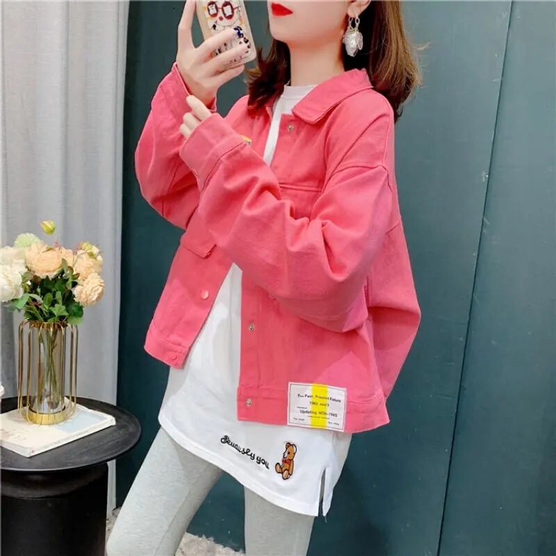Korean Style Pink Patchwork Short Denim Jacket for Women, Autumn 2026 New Loose Design Casual Jacket Top Korean Style Pink Patchwork Short Denim Jacket for Women, Autumn 2026 New Loose Design Casual Jacket Top