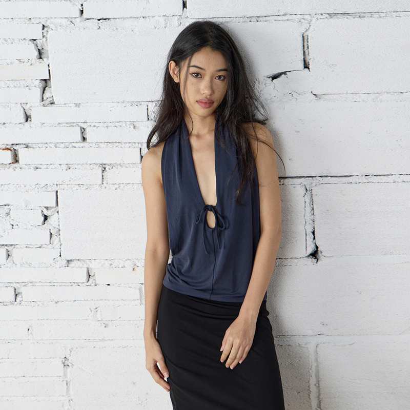 In Stock Palomawool Same Style Dark Blue Sand-Washed Texture Halter Top Cotton Stretch Deep V Tie Backless In Stock Palomawool Same Style Dark Blue Sand-Washed Texture Halter Top Cotton Stretch Deep V Tie Backless