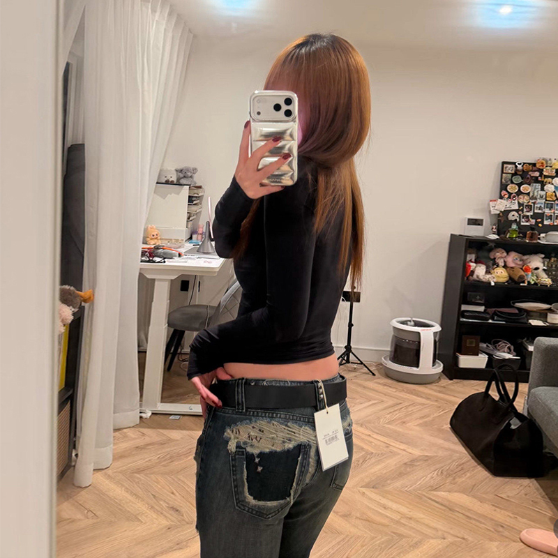 In Stock Jaded Lo*D*N Tori Low-Rise Lace Ripped Rivet Slim Straight-Leg Denim Pants