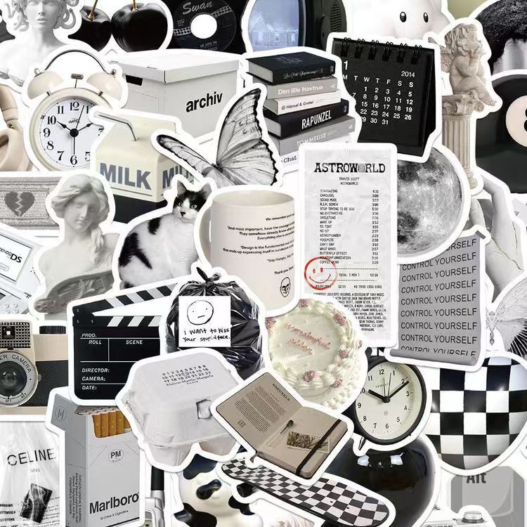 Black and White Minimalist ins Stickers Retro Mobile Phone Korean Style High-End Planner Notebook DIY Decoration Creative Personalized Stickers Black and White Minimalist ins Stickers Retro Mobile Phone Korean Style High-End Planner Notebook DIY Decoration Creative Personalized Stickers