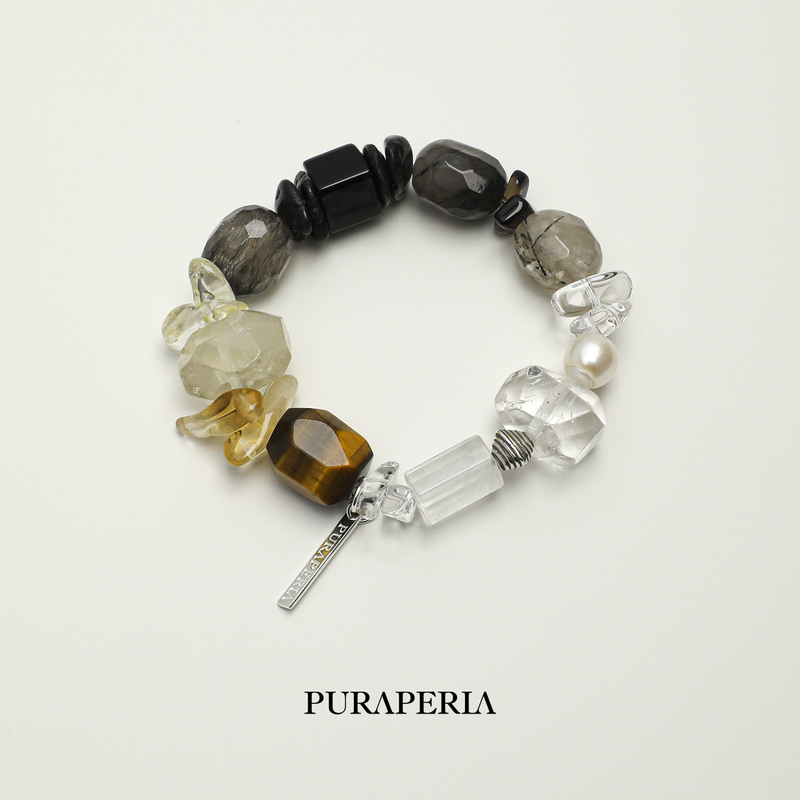 Puraperla Niche Original Natural Freeform White Crystal Bracelet Black Rutilated Quartz Citrine Multi-Gem Bracelet