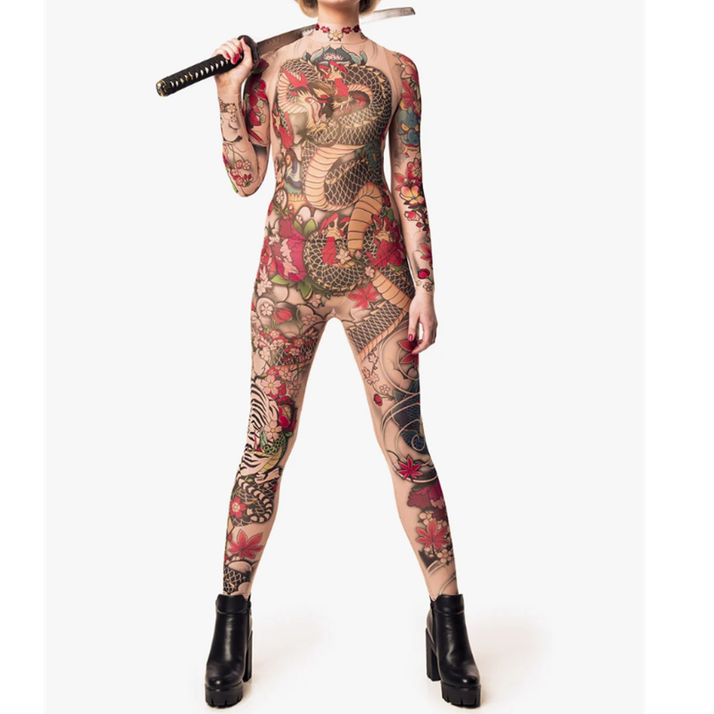 Cross-Border Hot-Selling Tattoo 3D Printed One-Piece Bodysuit Halloween Stage Performance Costume Elastic Zentai