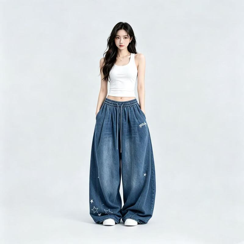 K865 Street Dance Jazz Dance Trendy Brand Star Pattern American-Style Denim Pants Street Fashion Versatile Pants