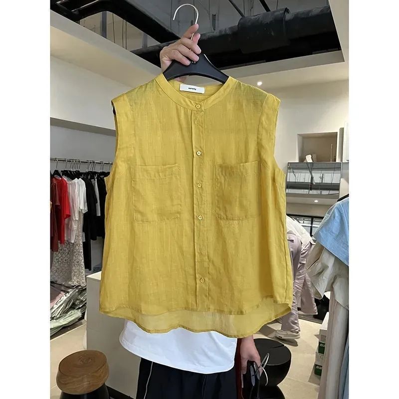 Korean Style Round Neck Sleeveless Linen Shirt for Women 2025 Summer New Loose Casual Single-Breasted Versatile Slimming Top Korean Style Round Neck Sleeveless Linen Shirt for Women 2025 Summer New Loose Casual Single-Breasted Versatile Slimming Top
