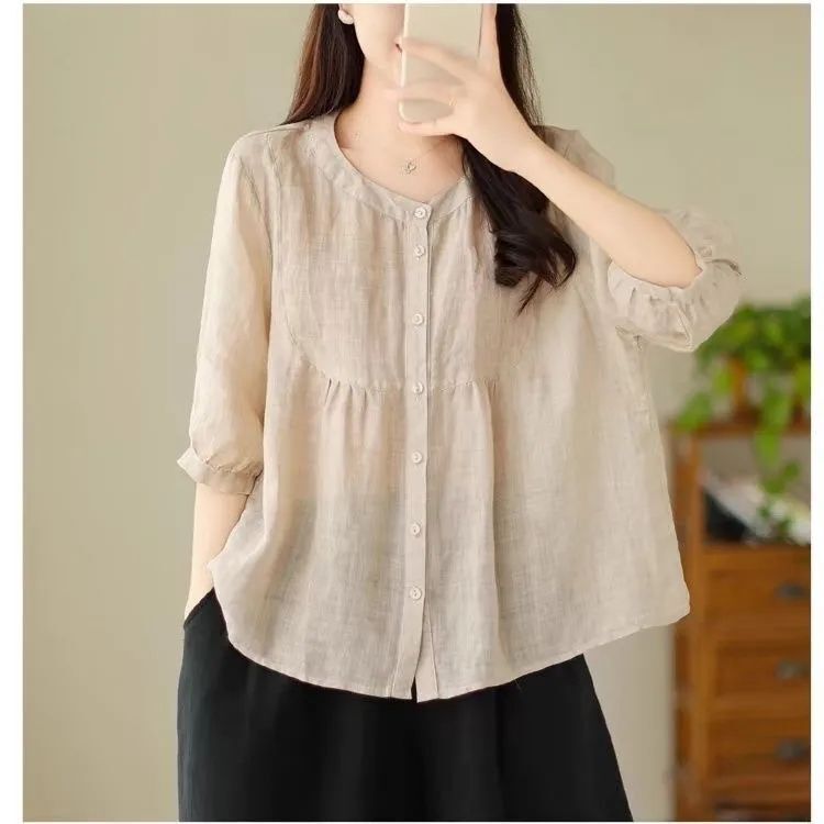 Plus Size Women's Ramie Tops for Fat Women, New Summer Style, Tummy-Covering, High-End Mom Summer Tops, Loose Fit Plus Size Women's Ramie Tops for Fat Women, New Summer Style, Tummy-Covering, High-End Mom Summer Tops, Loose Fit