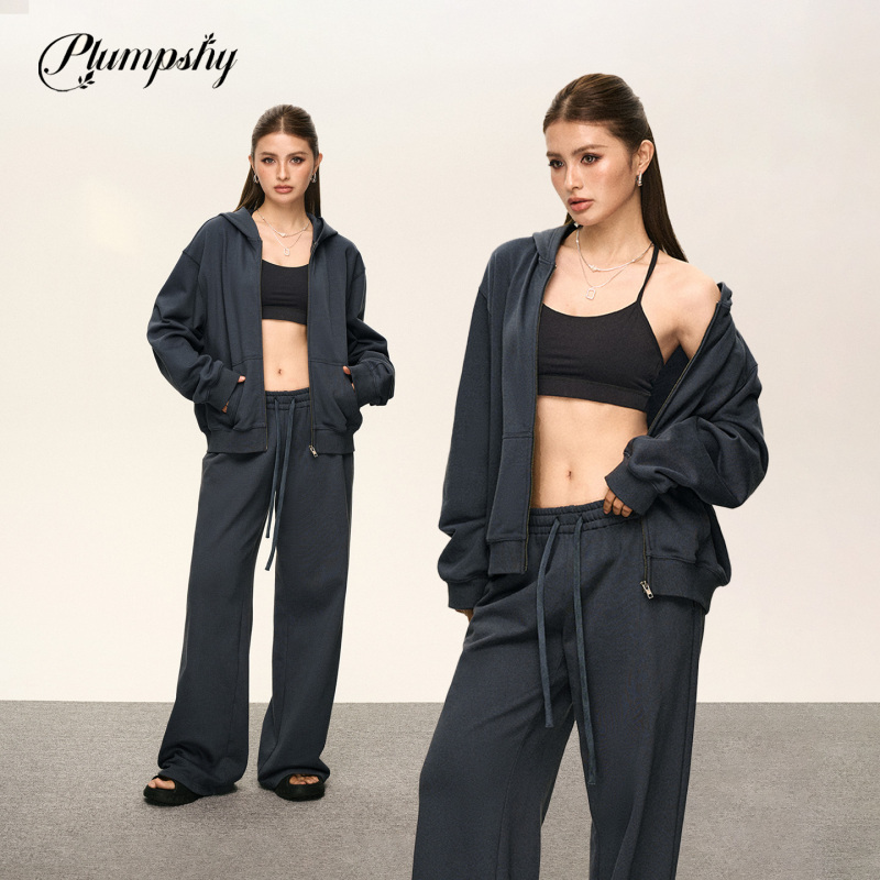 Plumpshy/Basic Sports Zipper Hoodie Versatile Slim Fit Loose Solid Color Jacket Hoodie