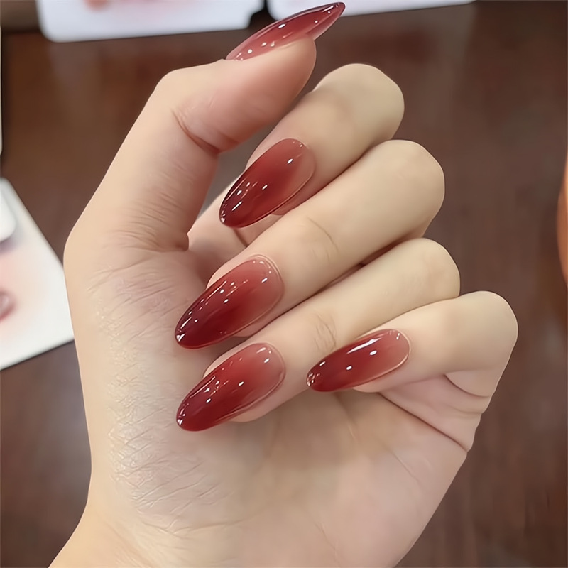 Long Burgundy Oval Nail Patches from Xiaohongshu, Nude Gradient Aurora, Brightening Red Wearable Nails, Fake Nails