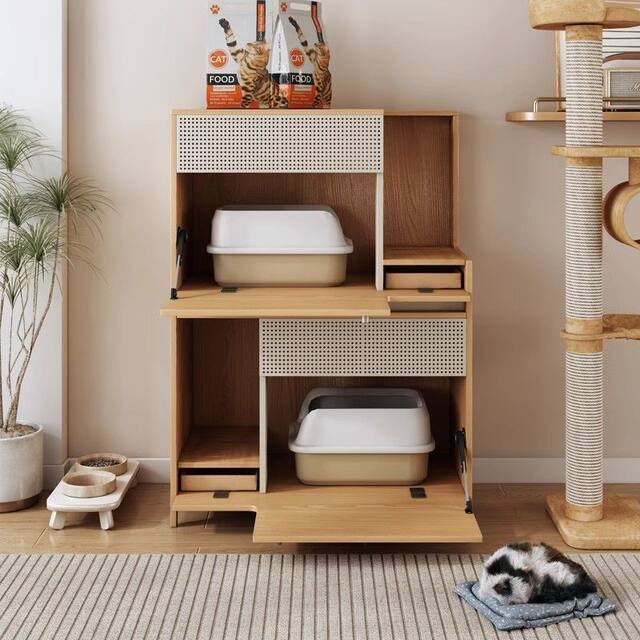 Double-Layer Cat Litter Box, Extra-Large Storage Rack, Semi-Enclosed Wooden Storage Cabinet for the Hallway