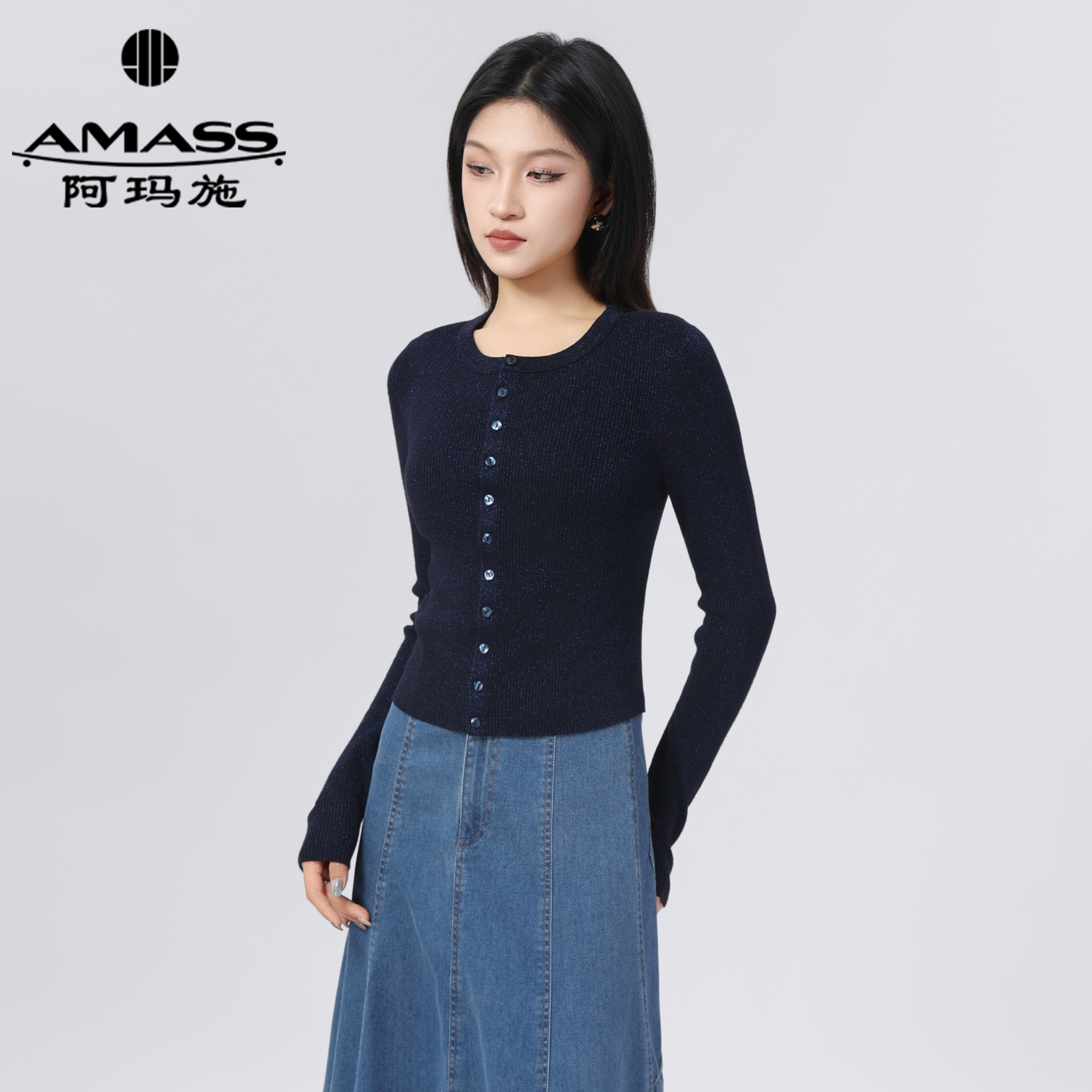 阿玛施早春新款轻薄羊毛针织圆领开衫上衣548037