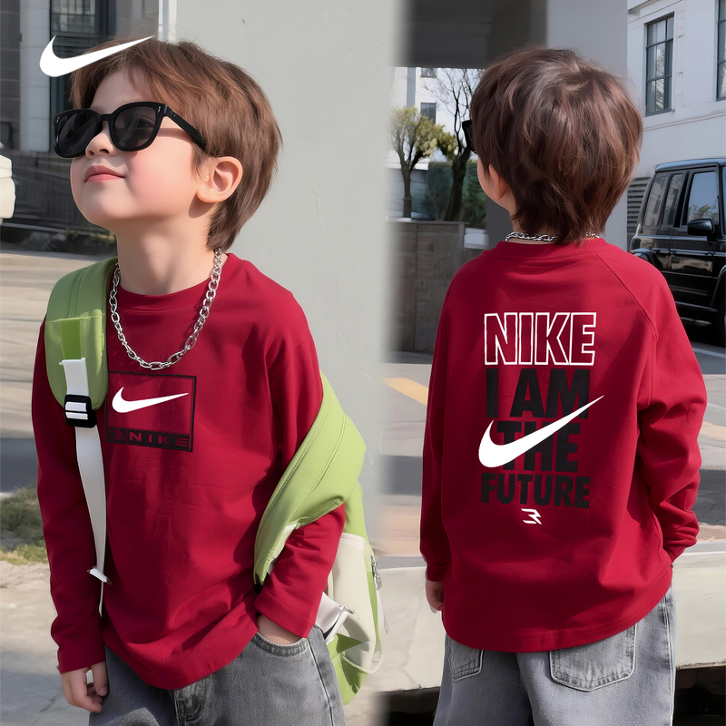 Nike Children's Long-Sleeve Pure Cotton T-Shirt, Stylish and Cool Top for Boys and Girls Aged 8 to 15, Korean Street Style, Early Spring Nike Children's Long-Sleeve Pure Cotton T-Shirt, Stylish and Cool Top for Boys and Girls Aged 8 to 15, Korean Street Style, Early Spring
