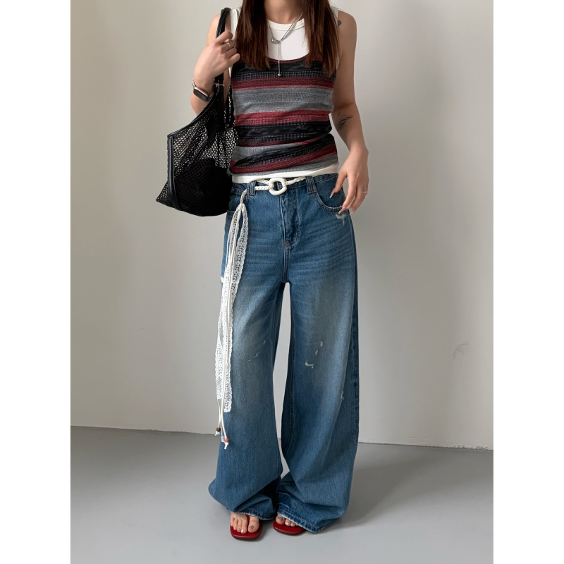 Icciicc Summer Lace Braided Waist Rope Wide Leg Pants Vacation Style Ripped Loose Women's Jeans