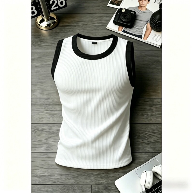 Color-Blocked Casual Stretch Sleeveless T-Shirt for Men, Summer Slim Fit, Muscle-Enhancing Tank Top, Ribbed Tough Guy Style, Sweat-Absorbent Vest