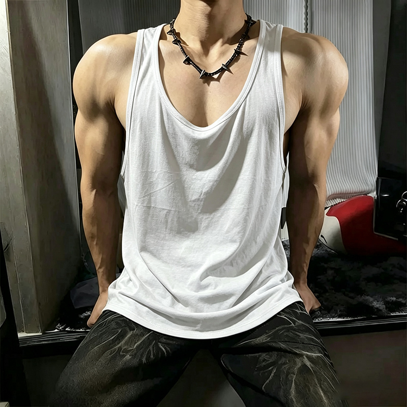 Solid Color Fitness Tank Top for Men, Summer Low-Neck, Muscle-Showing Sleeveless Sports Vest, Solid Color Sweat-Absorbing Shirt