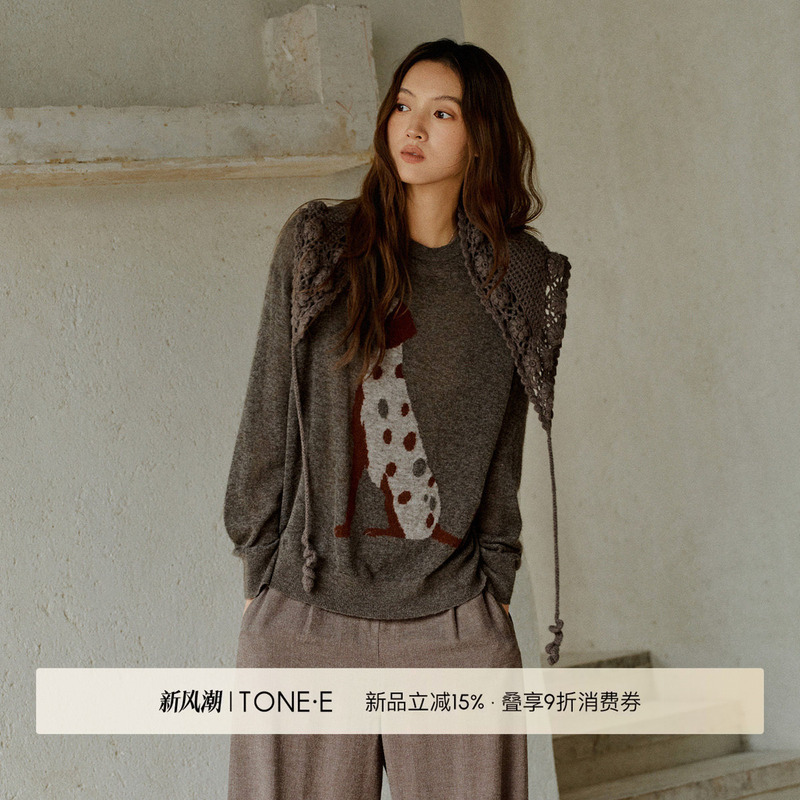Tone·E＜Dalmatian＞Yak Wool and Sheep Wool Blend Soft and Skin-Friendly Round Neck Pullover Knit Sweater