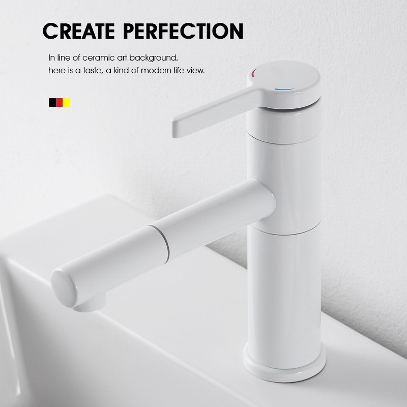 All-Copper Pull-Out Faucet for Under-Counter Washbasin, Hot and Cold Rotating White Rain Shower Basin Faucet for Bathroom Cabinet