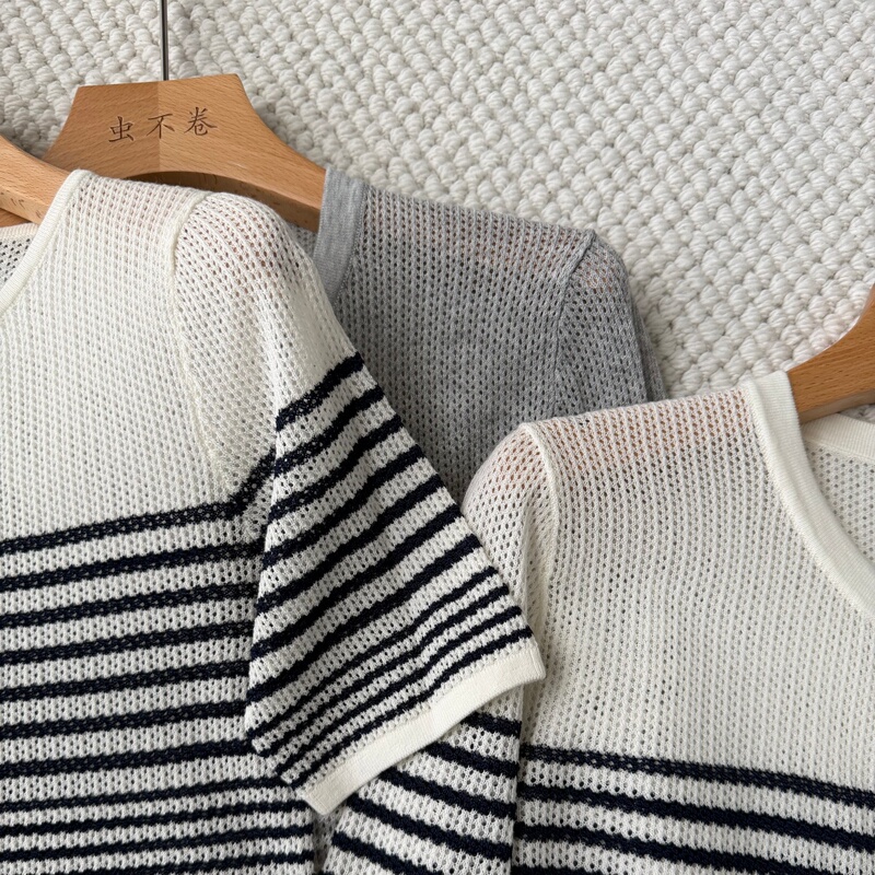 Early Bird Special! Us Order Rb Gradient Hollow-Out Stripes Cool Feeling Round Neck Short Sleeves Long Sleeve Cardigan for Women 26 Summer