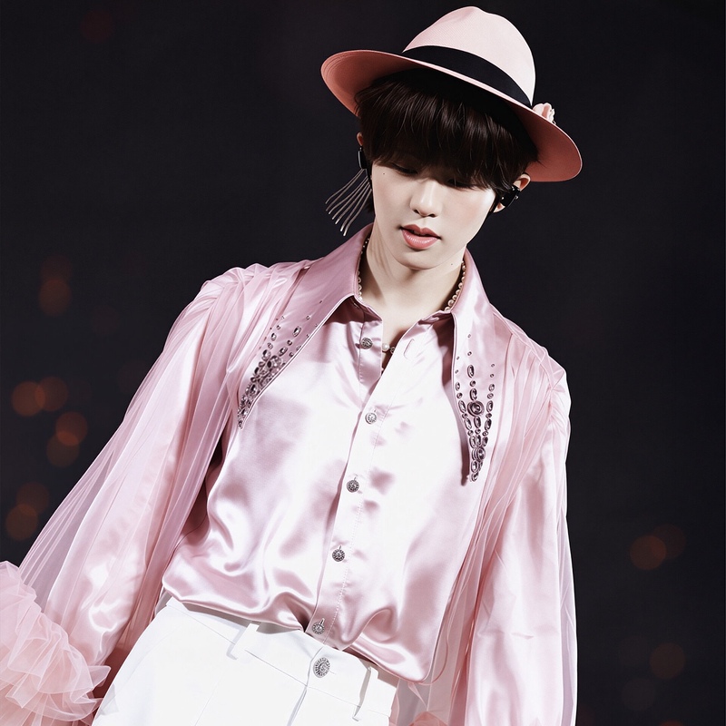 Li Hao Celebrity-Inspired Pink Satin Long-Sleeve Shirt with a High-End Feel, Pointed Collar, and Elaborate Purple Diamond Beading, Trendy Performance Shirt