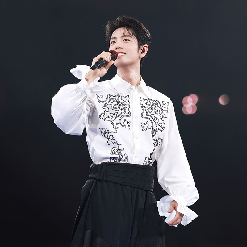 Xiao Zhan Celebrity-Style White Shirt for Men with Black Vine Embroidery, Chinese Style Artistic Lotus Leaf Flared Cuffs Casual Shirt Xiao Zhan Celebrity-Style White Shirt for Men with Black Vine Embroidery, Chinese Style Artistic Lotus Leaf Flared Cuffs Casual Shirt