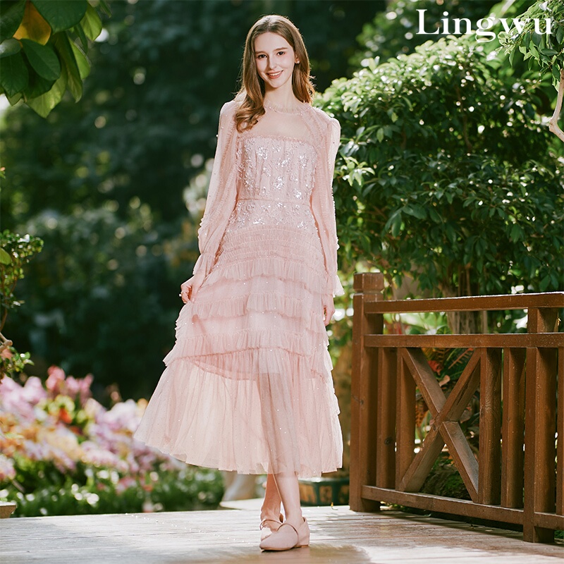 Women's Clothing French Light Luxury Pink Sequin Mesh Cake Dress Women's Spring New Long-Sleeved Waist-Cinching Dress Women's Clothing French Light Luxury Pink Sequin Mesh Cake Dress Women's Spring New Long-Sleeved Waist-Cinching Dress