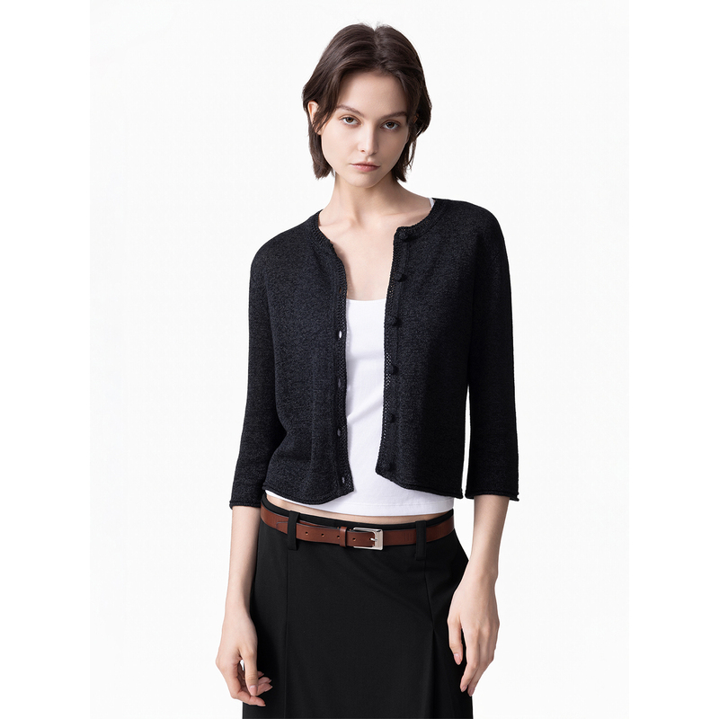 Lram Imported Japanese Paper Yarn Blended Hollow-Out Round Neck Three-Quarter Sleeve Rolled Edge Knit Cardigan Lm2630091
