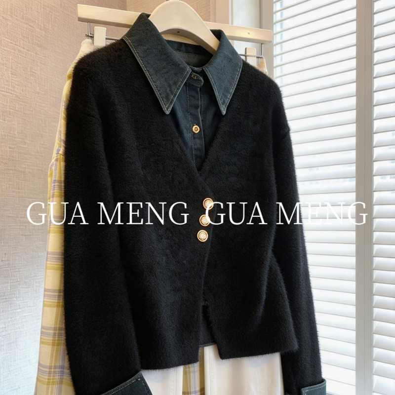 Recommended for Personal Collection~ Autumn and Winter Chanel-Style Versatile Fashion Patchwork Denim Women's Faux Two-Piece Sweater Knitwear