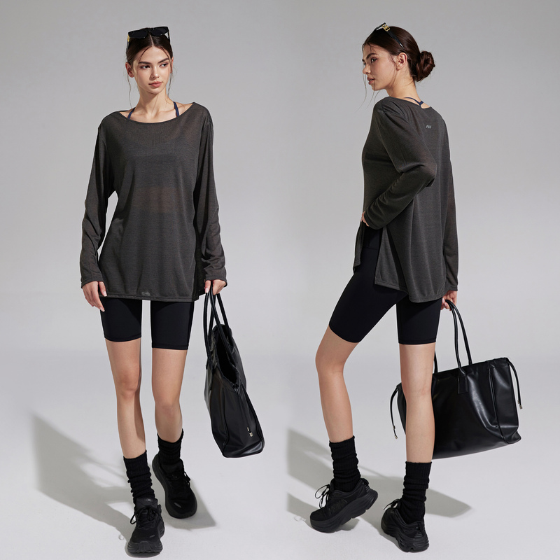 Puh Breathable Yoga Clothes for Women, Thin, Loose, Hip-Covering Sports Tops, Long Running, Pilates, Fitness Cover-Ups, Summer