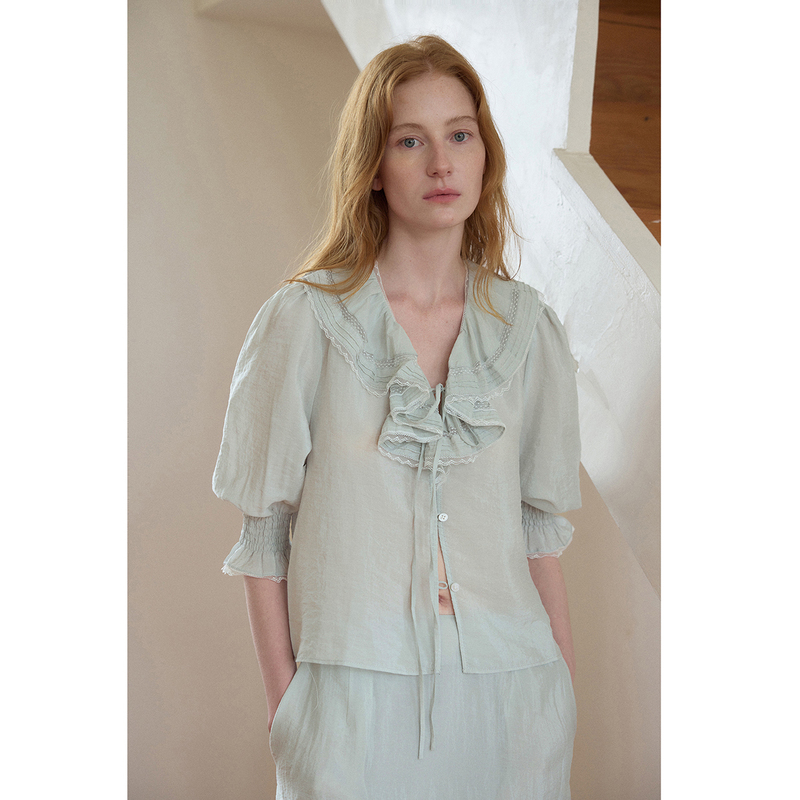 Nice People Lace Patchwork Tie-Up Ruffle Collar Mid-Sleeve Loose Short Shirt Straight Skirt