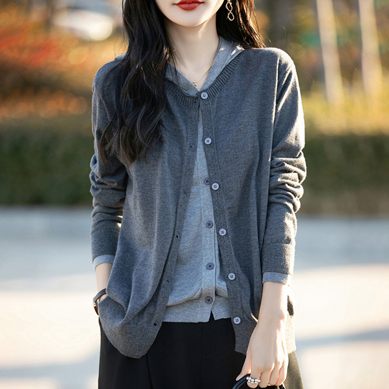 Fashionable Loose Hooded Fake Two-Piece Cardigan Jacket Spring and Autumn 2026 New Style Top Large Size Outerwear Knitted Sweater