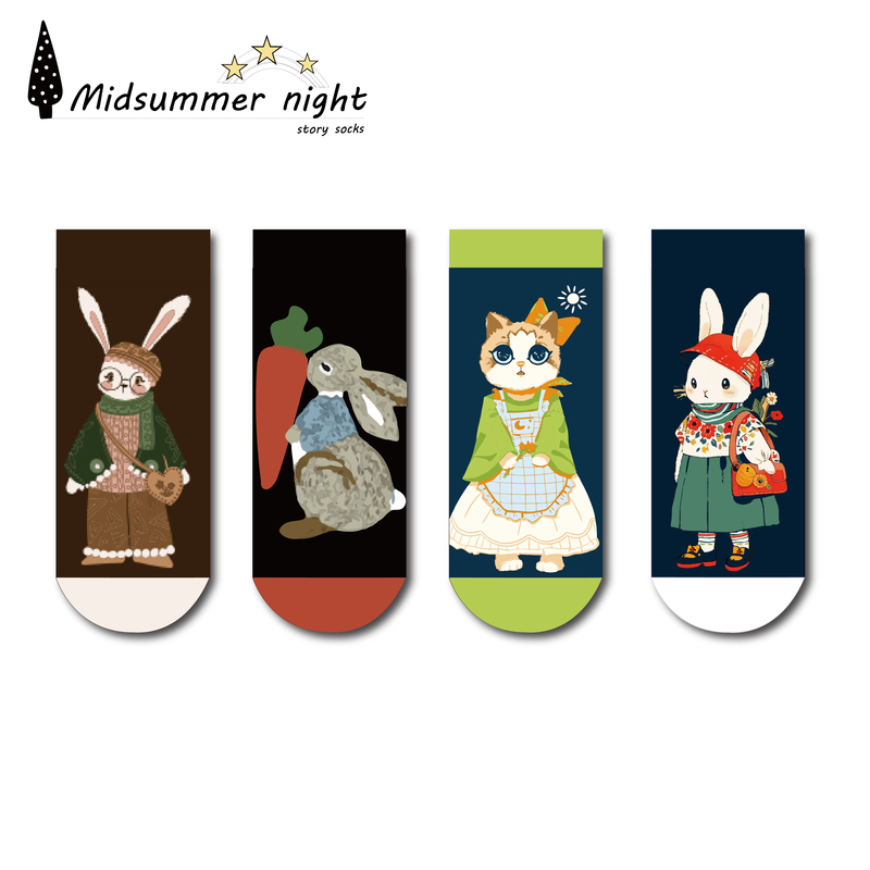 Four Pairs of Midsummernight Summer Thin Cotton Socks for Women, Cute Series Short Socks Set B101
