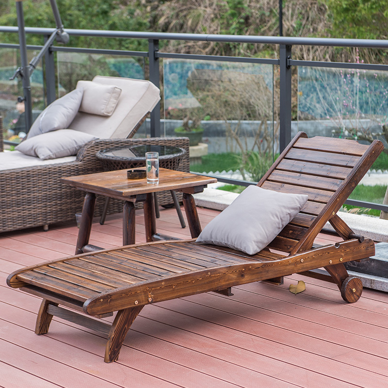 Solid wood recliner in afternoon nap bed Rot-Proof Wood Balcony Casual Backrest Sloth Sofa Carbonated Wood Deck Chair Beach Chair