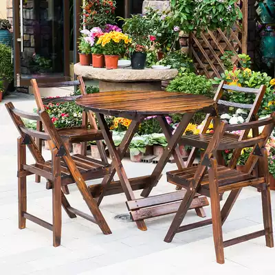 Outdoor table and chair balcony courtyard leisure table and chair carbonized anti-corrosion solid wood bar table and chair casual folding table and chair kit