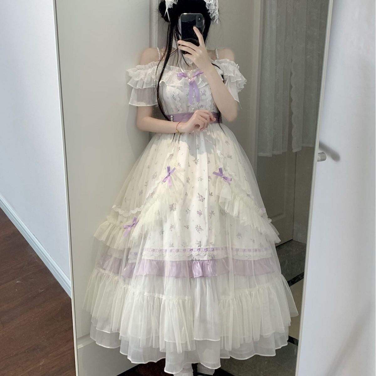 夏lolita少女信笺碎花优雅cla系公主大裙摆飞飞袖雪纺长款连衣裙_lolita洛丽塔_淘宝游戏网