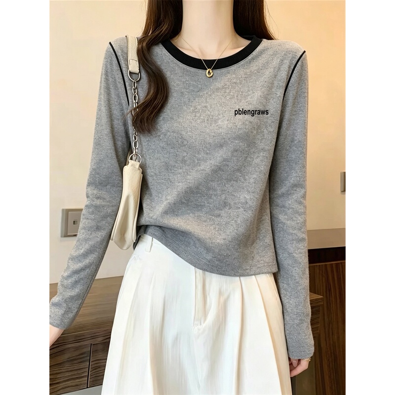 Fashionable and Stylish Color-Blocked Round Neck Long-Sleeve T-Shirt for Women, 2026 New Trendy Ins Style Pure Cotton Base Layer Top