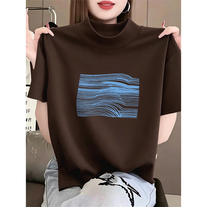 Niche High-End Printed Pure Cotton Pullover Top 2026 New Spring and Autumn ins Trendy Half-High Collar Short-Sleeved T-Shirt for Women Niche High-End Printed Pure Cotton Pullover Top 2026 New Spring and Autumn ins Trendy Half-High Collar Short-Sleeved T-Shirt for Women