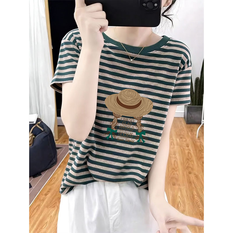 New Style Isometric Striped Pure Cotton Regular Shoulder Short-Sleeve T-Shirt for Women, Unique, Chic, Versatile, Stylish, Age-Reducing Top for Summer