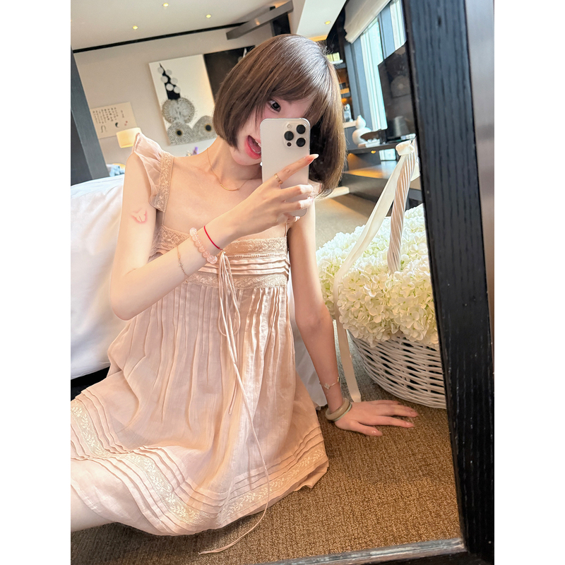 Wearkeki Endless Summer Ramie Tuck Stitch Craft Small Flutter Sleeve Dress Women's Custom-Dyed Lace Patchwork Babydoll Dress