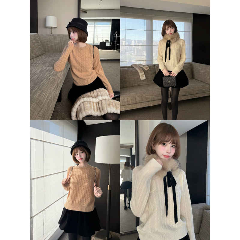 Wearkeki Practicalism Soft Wool Blend Three-Dimensional Cable Knit Sweater for Women Vintage Inner Knit Top