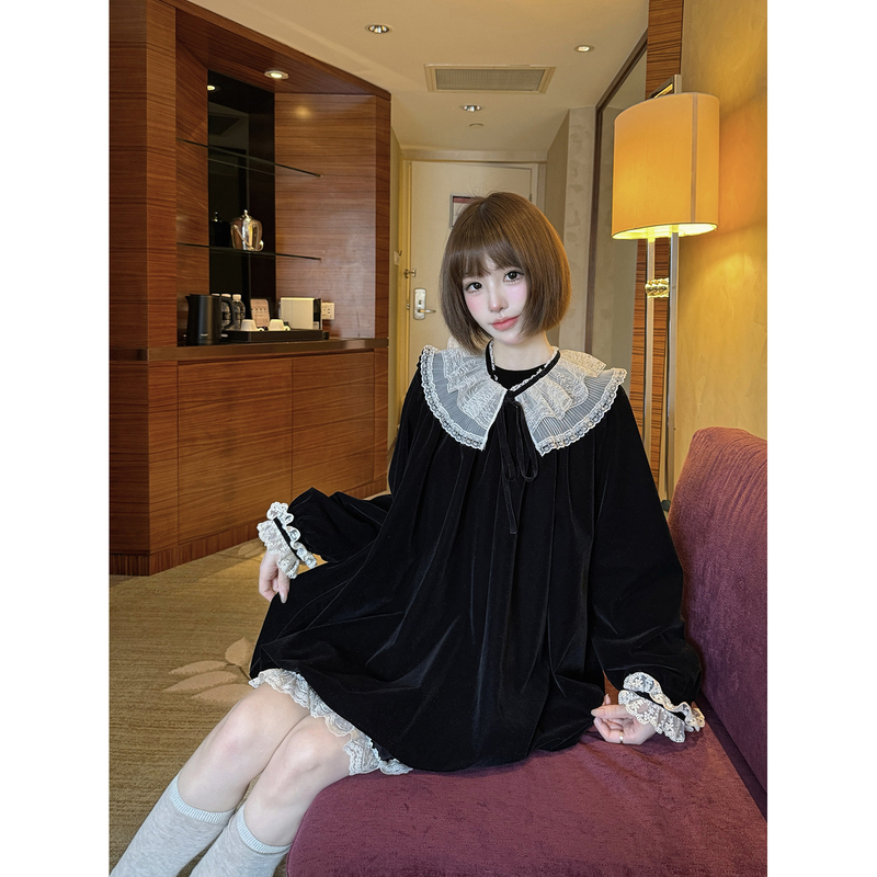 Wearkeki Antique Doll Detachable Lace Collar Velvet Long-Sleeve Dress Women's A-Line Puff Doll Dress Wearkeki Antique Doll Detachable Lace Collar Velvet Long-Sleeve Dress Women's A-Line Puff Doll Dress