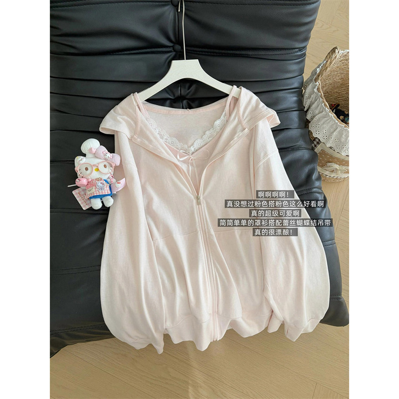 Korean-Style Sweet Snowflake Cotton College-Style Hooded Pink Sun Protection Cover-Up Jacket for Women, Summer Loose Design Top