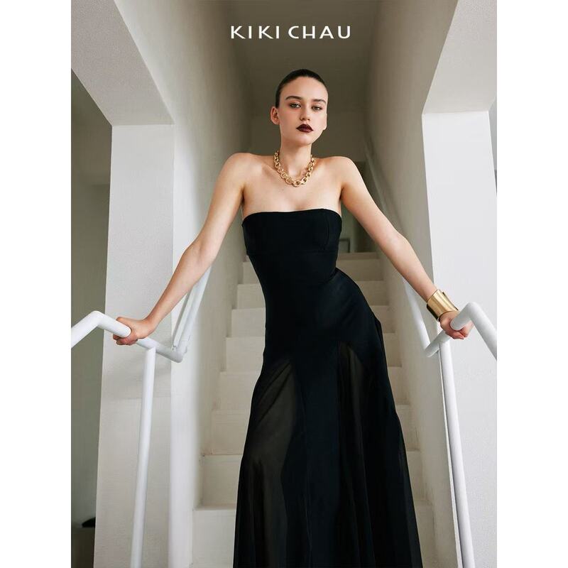 Kiki Chau Strapless Off-Shoulder Mesh Patchwork Evening Dress Slimming Long Old Money Style Dress for Women Kiki Chau Strapless Off-Shoulder Mesh Patchwork Evening Dress Slimming Long Old Money Style Dress for Women