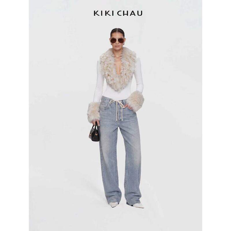 Kiki Chau Ultra-Luxurious Autumn and Winter Vibe Detachable Large Fur Collar V-Neck Knitted Women's Top with a Slim Fit Design