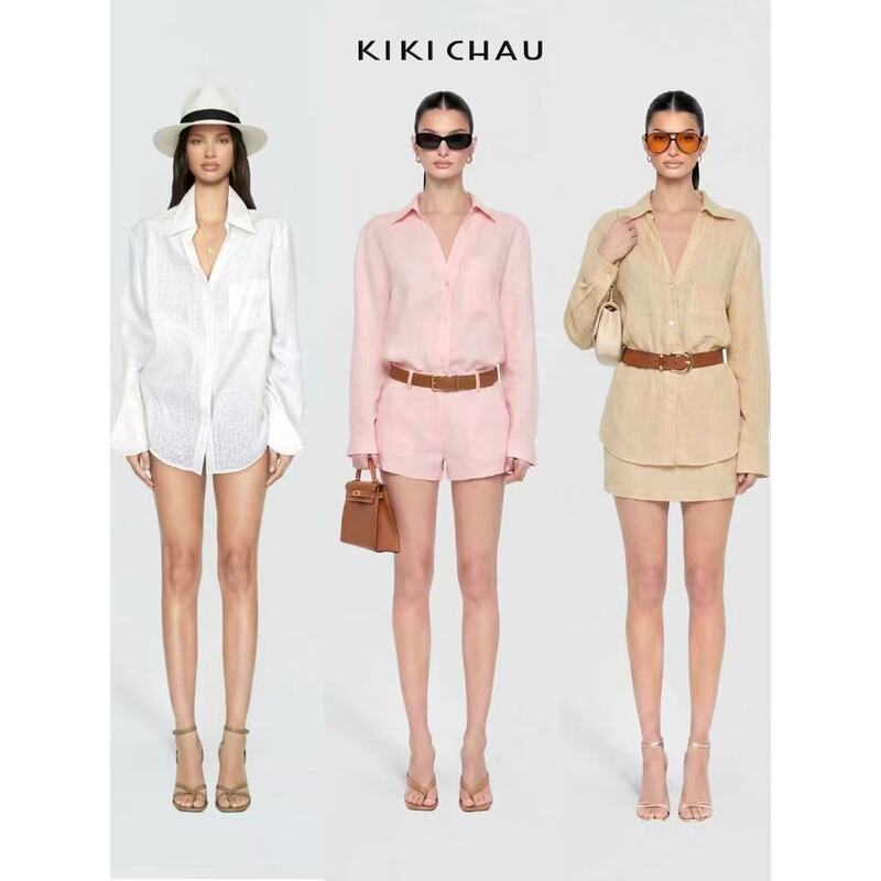 Kiki Chau Old Money Style Pure Linen Long-Sleeved Shirt Spring and Summer Cotton and Linen Shirt Sun Protection Top for Women