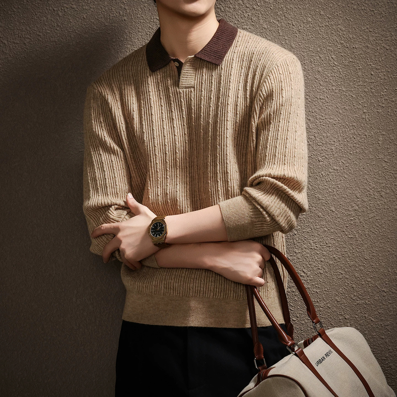 【Japan Okayama】American-Style Vertical Striped Color-Blocked Lapel Knit Sweater for Men, Autumn and Winter, Old Money Style Cable Knit Texture Sweater