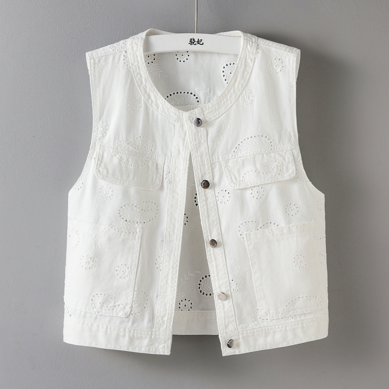 White Hollow-Out Embroidered Denim Vest for Women, Spring/Summer 2026, Sleeveless, Versatile Outerwear, Slimming Waistcoat