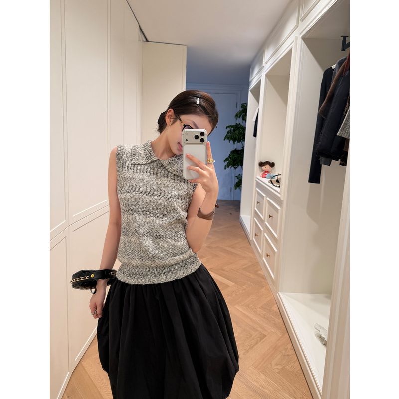 Multimath Little Ding Baoli/Floral Knit Vest/Spring Slim Fit Knit Top with Lapel Casual Sleeveless Vest