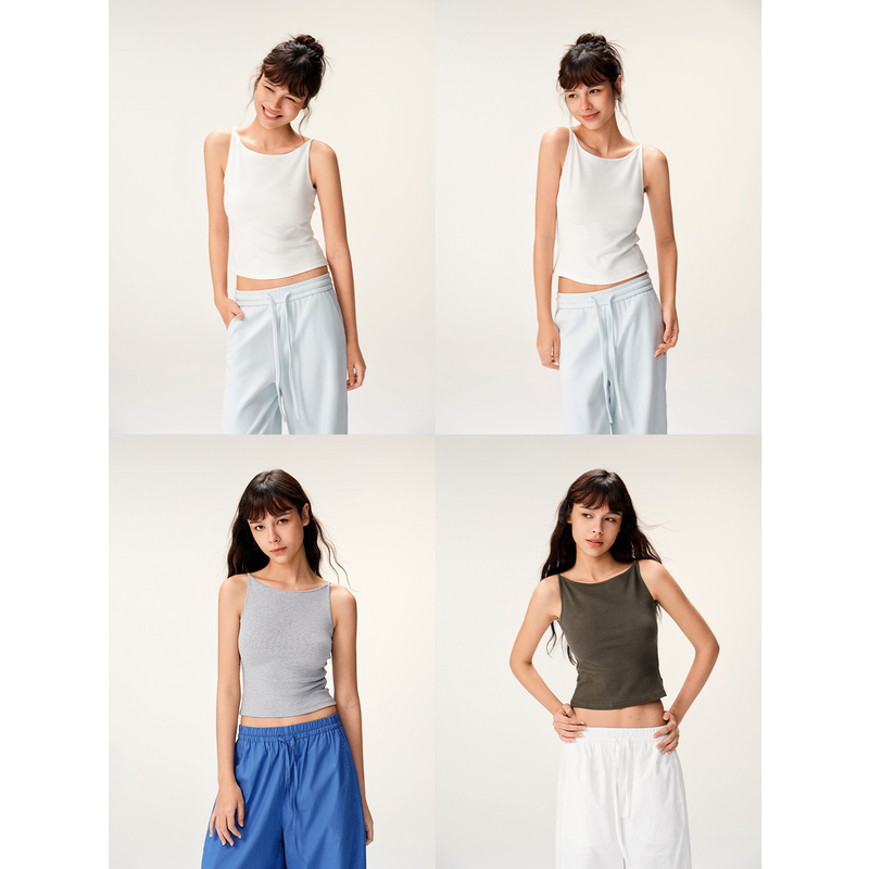 Multimath Little Ding Baoli/Boat Neck Tank Top/Slim Fit with Built-In Bra Pads, Slimming Base Layer Camisole Top