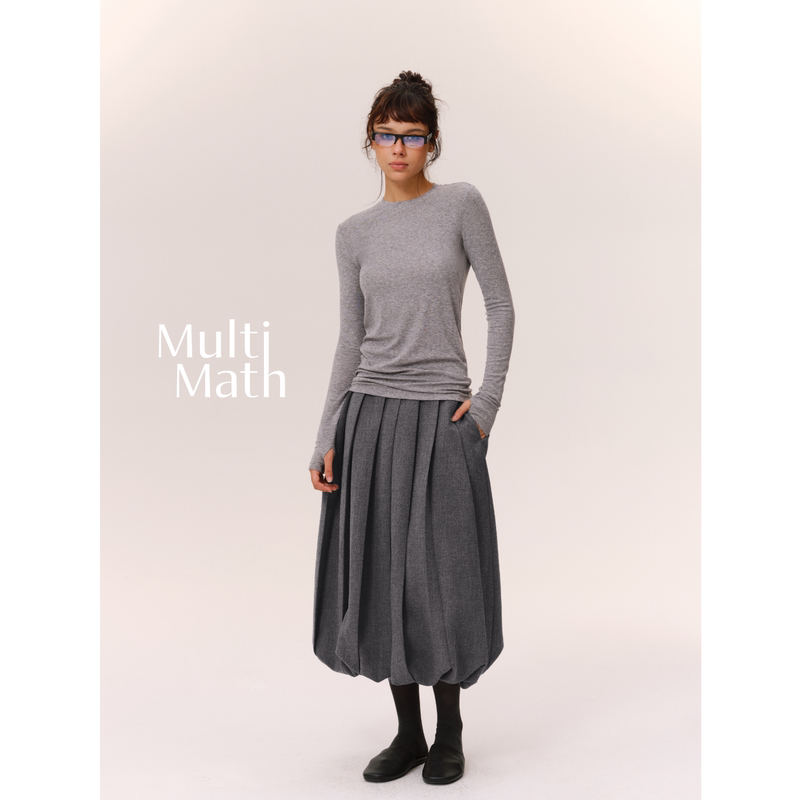 Multimath Little Ding Baoli/Highly Intelligent Individual/Gray Pleated Flower Bud Skirt Elastic Waist Patchwork Skirt for Women