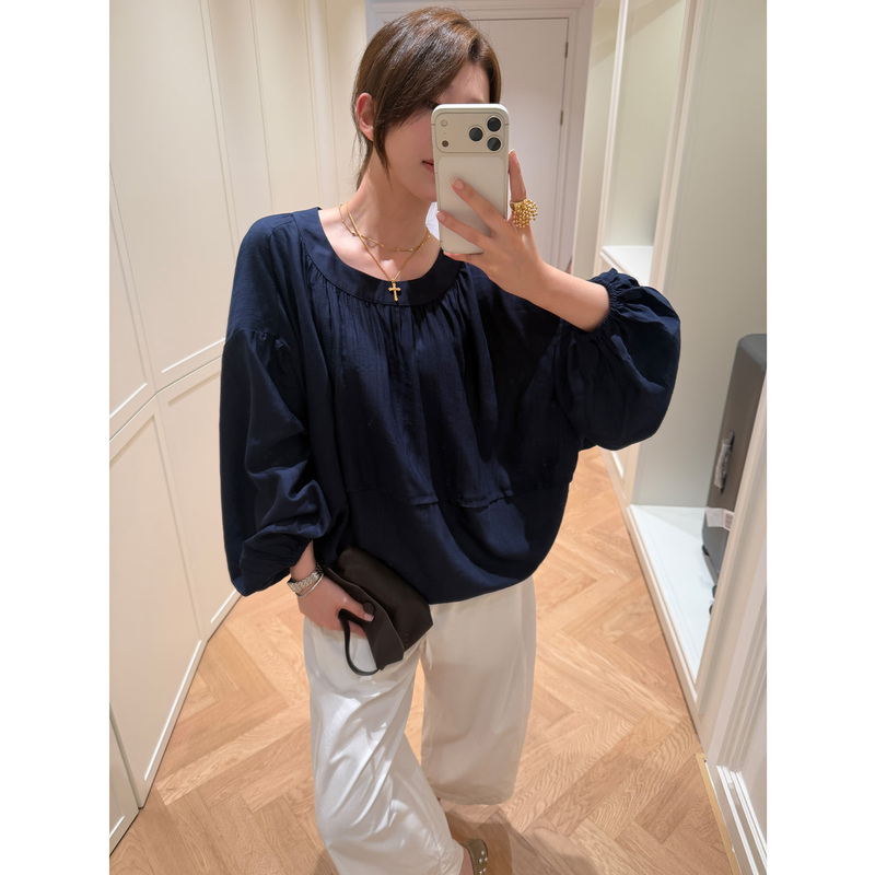Multimath Little Ding Baoli/Two-Way Bubble Shirt/Navy Blue Stand-Up Collar Top Casual Three-Quarter Lantern Sleeve Shirt Multimath Little Ding Baoli/Two-Way Bubble Shirt/Navy Blue Stand-Up Collar Top Casual Three-Quarter Lantern Sleeve Shirt