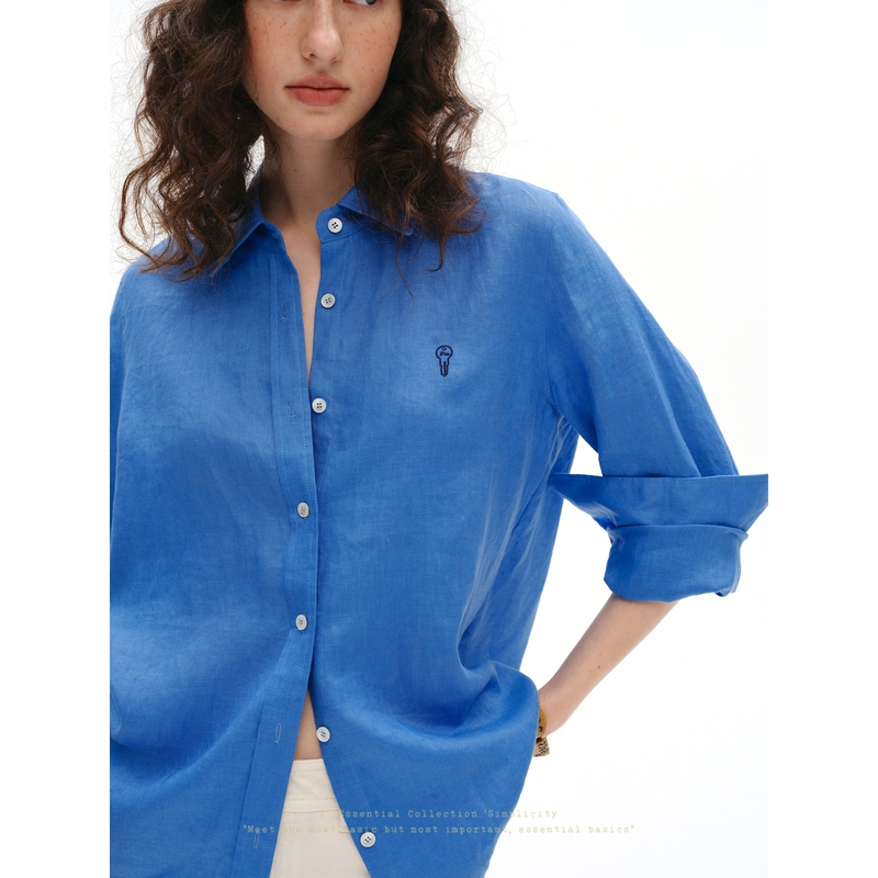 Who Peach 100% Linen Embroidered Shirt Women's Long Sleeve Loose Lapel Commuter Shirt Summer Top Who Peach 100% Linen Embroidered Shirt Women's Long Sleeve Loose Lapel Commuter Shirt Summer Top
