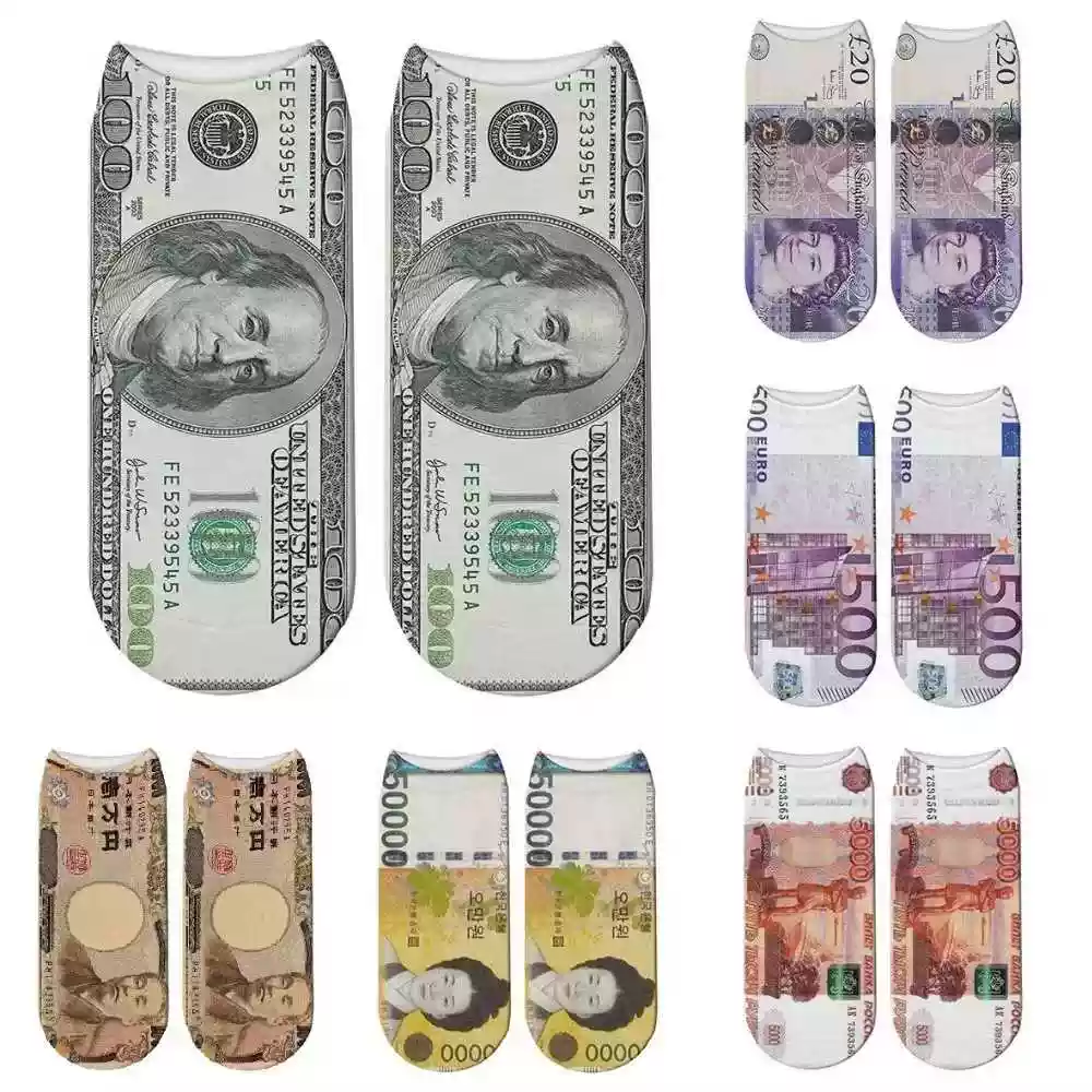 現貨襪子女短襪創意3D美元印花紙幣韓幣隱形襪卡通錢紙
